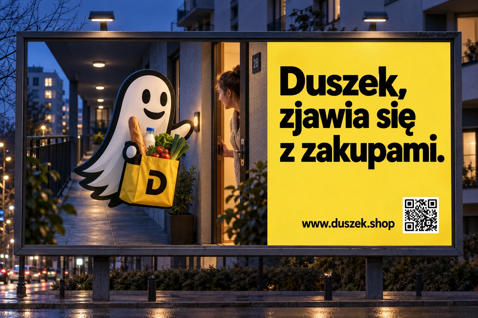 Billboard DUSZEK przy drzwiach mieszkania