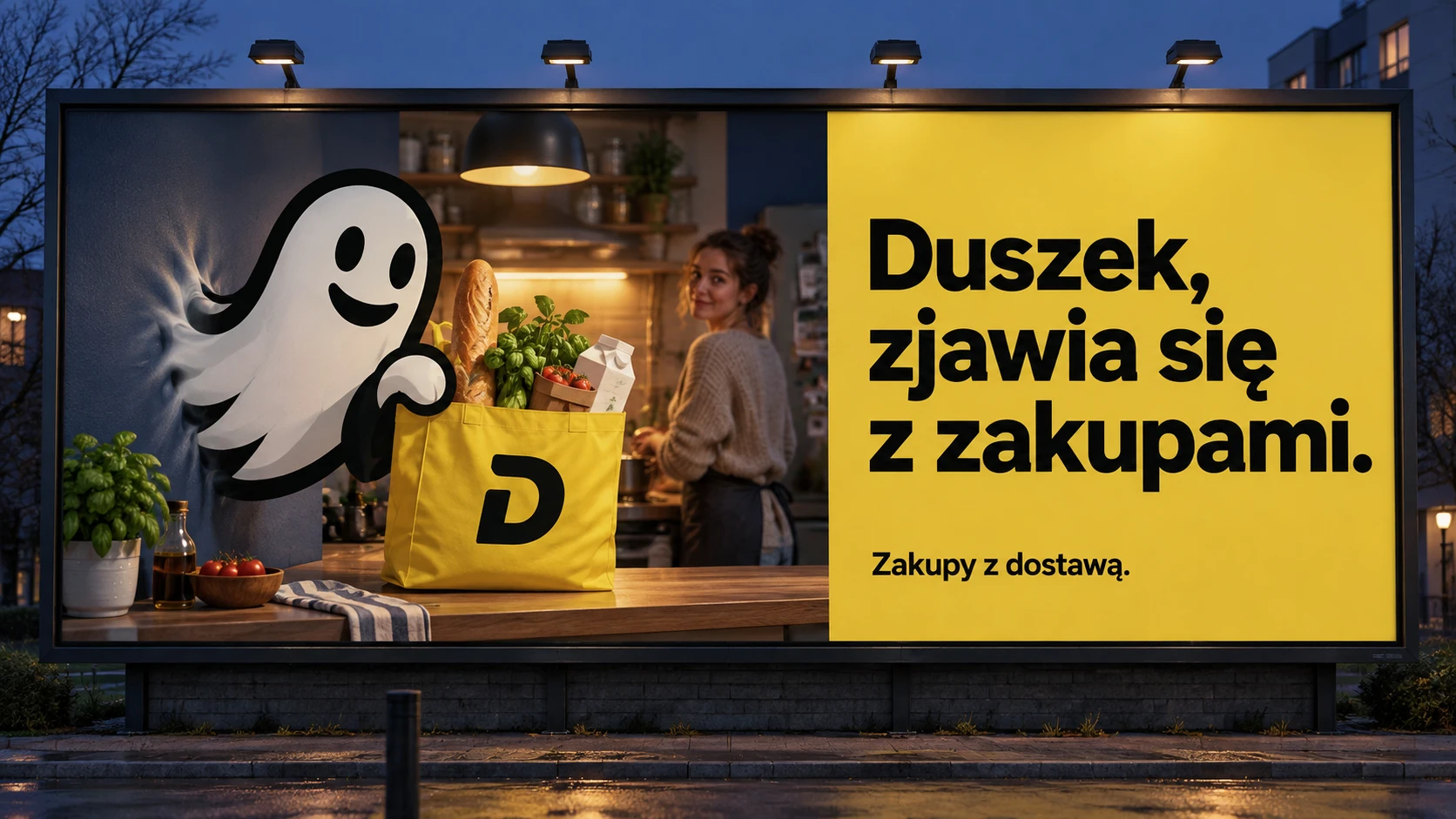Duszek materializuje się w kuchni z żółtą torbą pełną zakupów